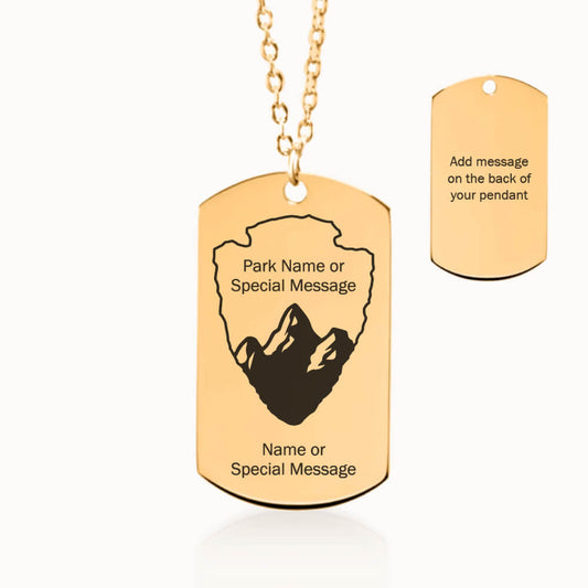 US National Park Necklace, Tag Pendant in Gold, Personalized Travel Gift for Her