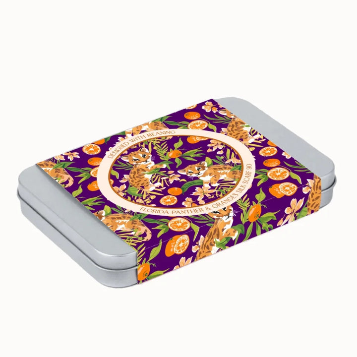 Florida Panther Oranges Silk Scarf 90 Gift Tin, Designed With Meaning