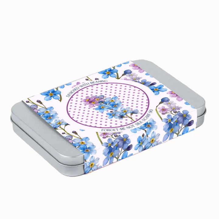 In Memory Forget-Me-Not Flower Silk Scarf 90 Gift Tin, Designed With Meaning