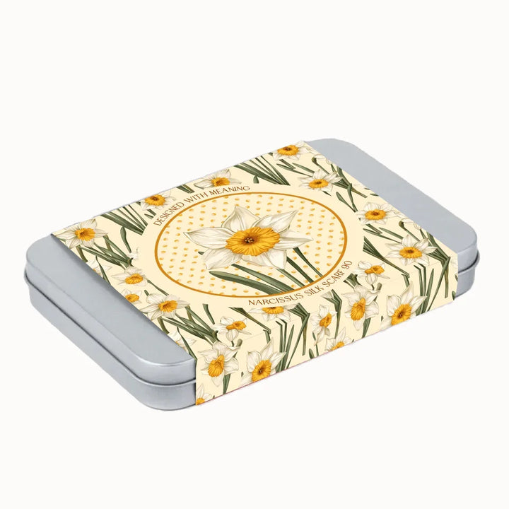 December Narcissus Birth Flower Silk Scarf 90 Gift Tin, Designed With Meaning