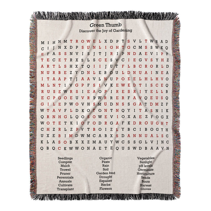 Green Thumb Word Search, 50x60 Woven Throw Blanket, Red#color-of-hidden-words_red