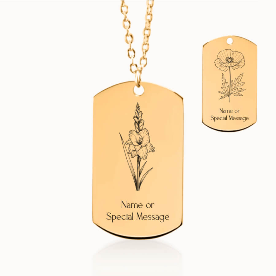 August Birth Month Flower Tag Pendant in Gold, Gladiolus and Poppy Gift