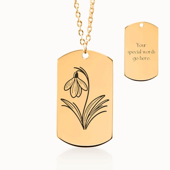 Custom Birth Flower Necklace, Personalized Gift, Tag Pendant in Gold