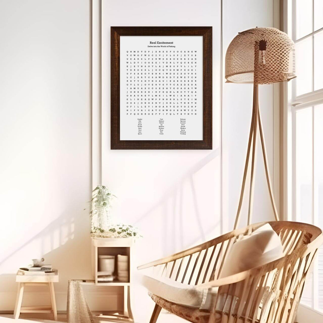 Custom Fishing Word Search Art Print, Styled#color-finish_espresso-wide-frame