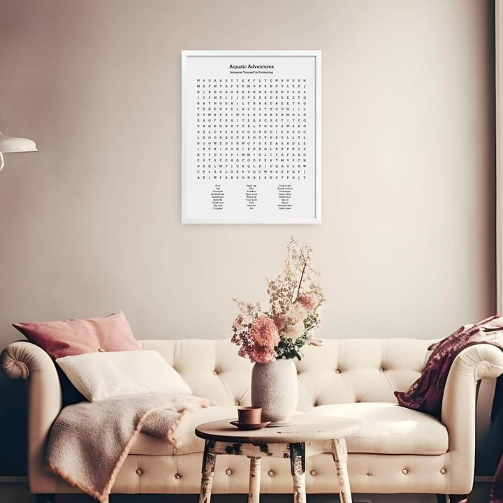 Custom Swimming Word Search Art Print, Styled#color-finish_white-thin-frame
