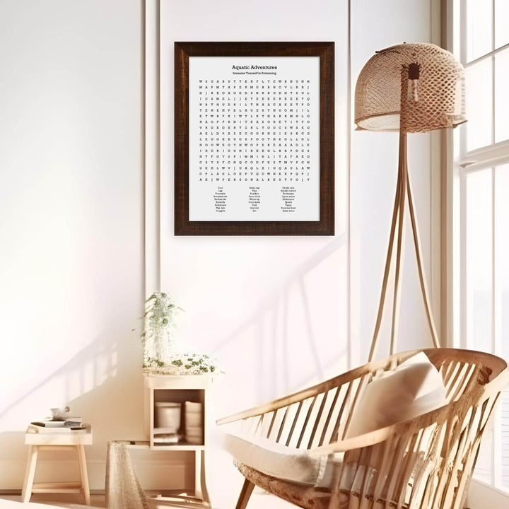 Custom Swimming Word Search Art Print, Styled#color-finish_espresso-wide-frame