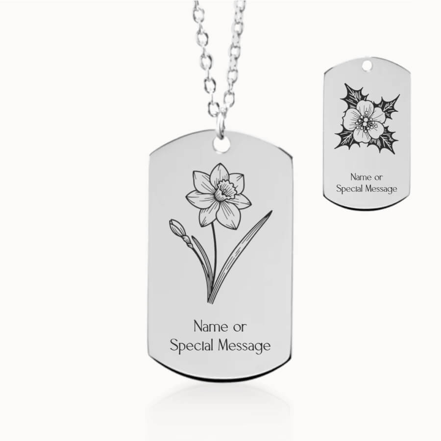 December Birth Month Flower Tag Pendant in Silver, Narcissus and Holly Gift