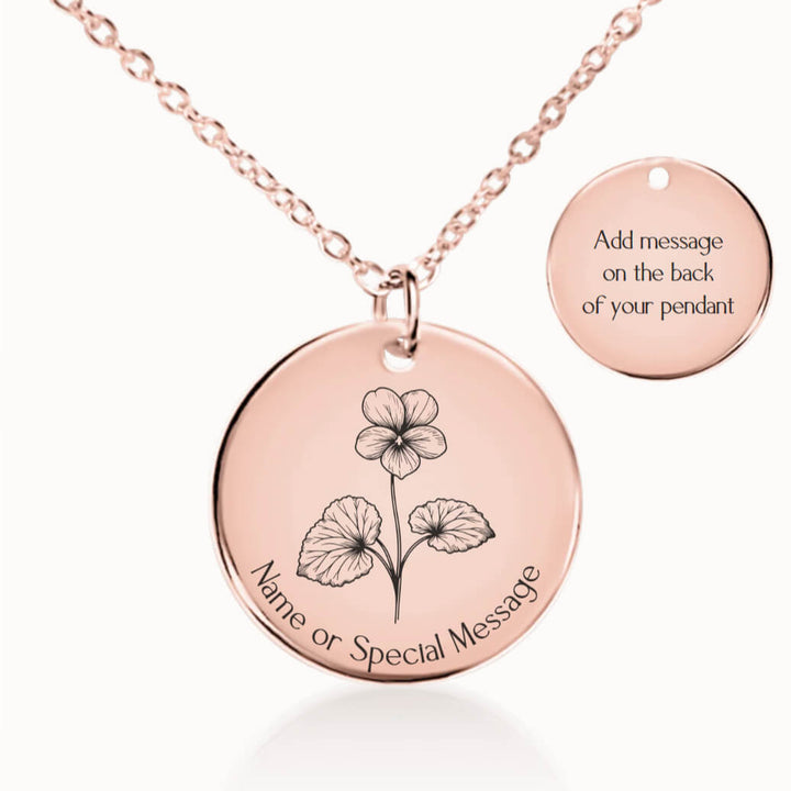 Personalized February Birth Flower Violet Necklace in Rose Gold, Birthday Gift for Her