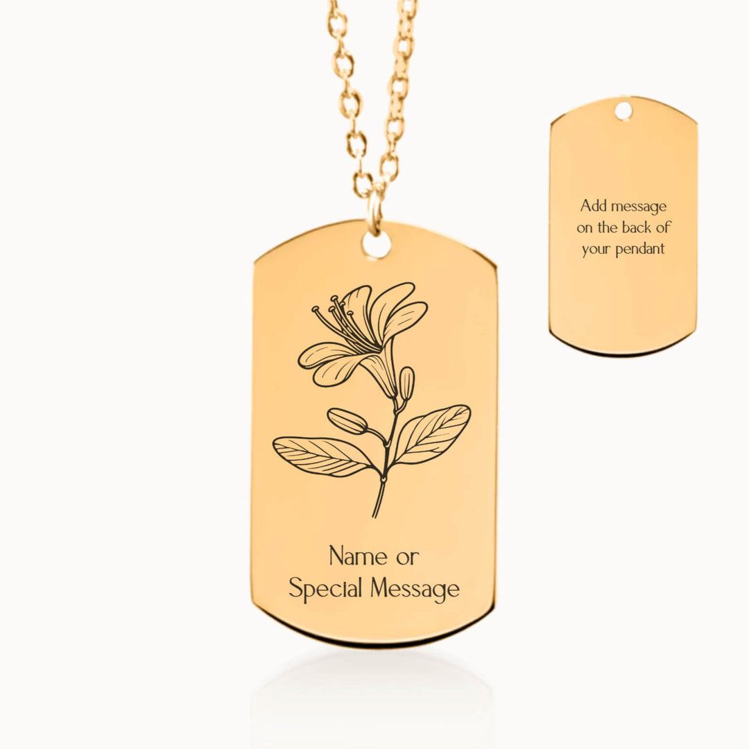 Honeysuckle Birth Month Flower Tag Pendant Necklace in Gold, Personalized June Birthday Gift for Her