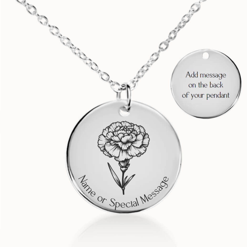 Personalized January Birth Flower Carnation Necklace in Silver, Birthday Gift for Her