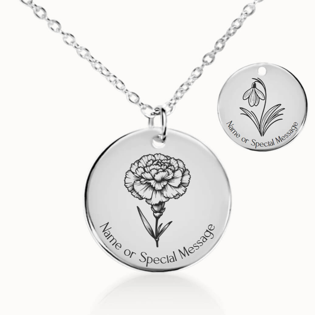 January Birth Flower Necklace, Carnation and Primrose Pendant in Silver, Personalized Birthday Gift for Her