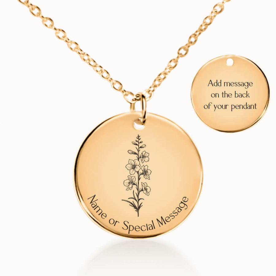 Personalized July Birth Flower Larkspur Necklace in Gold, Birthday Gift for Her