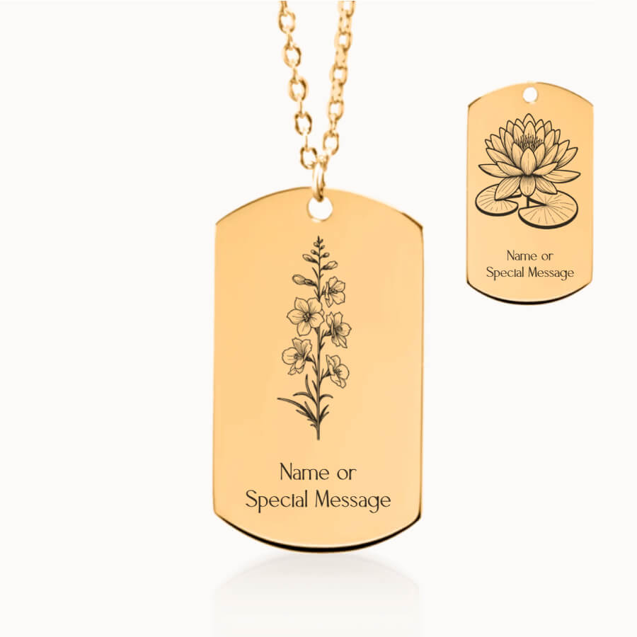 July Birth Month Flower Tag Pendant in Gold, Larkspur and Water Lily Gift