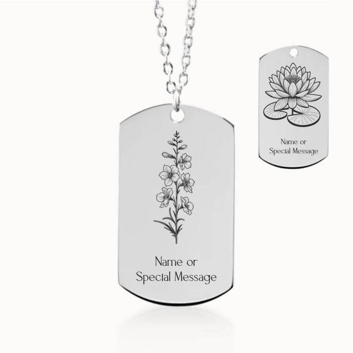 July Birth Month Flower Tag Pendant in Silver, Larkspur and Water Lily Gift