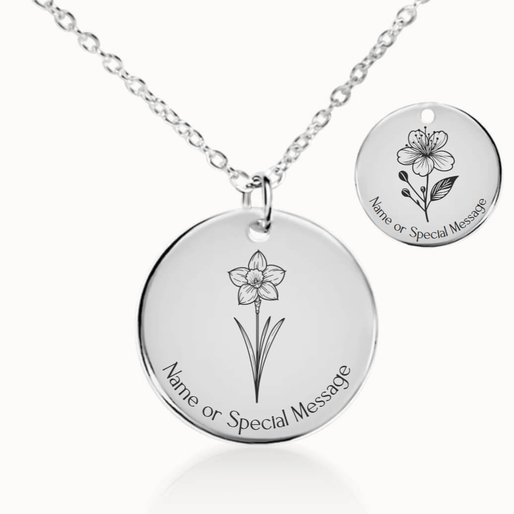 March Birth Flower Necklace, Daffodil and Cherry Blossom Pendant in Silver, Personalized Birthday Gift for Her