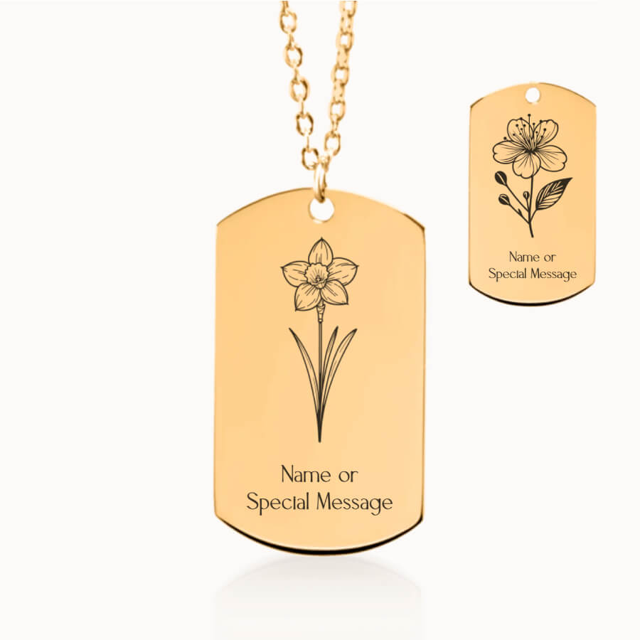 March Birth Month Flower Tag Pendant in Gold, Daffodil and Cherry Blossom Gift