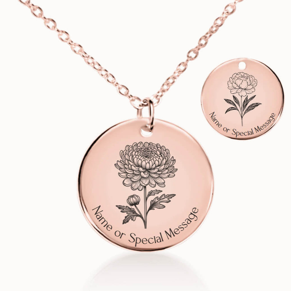 November Birth Flower Necklace, Chrysanthemum and Peony Pendant in Rose Gold, Personalized Birthday Gift for Her