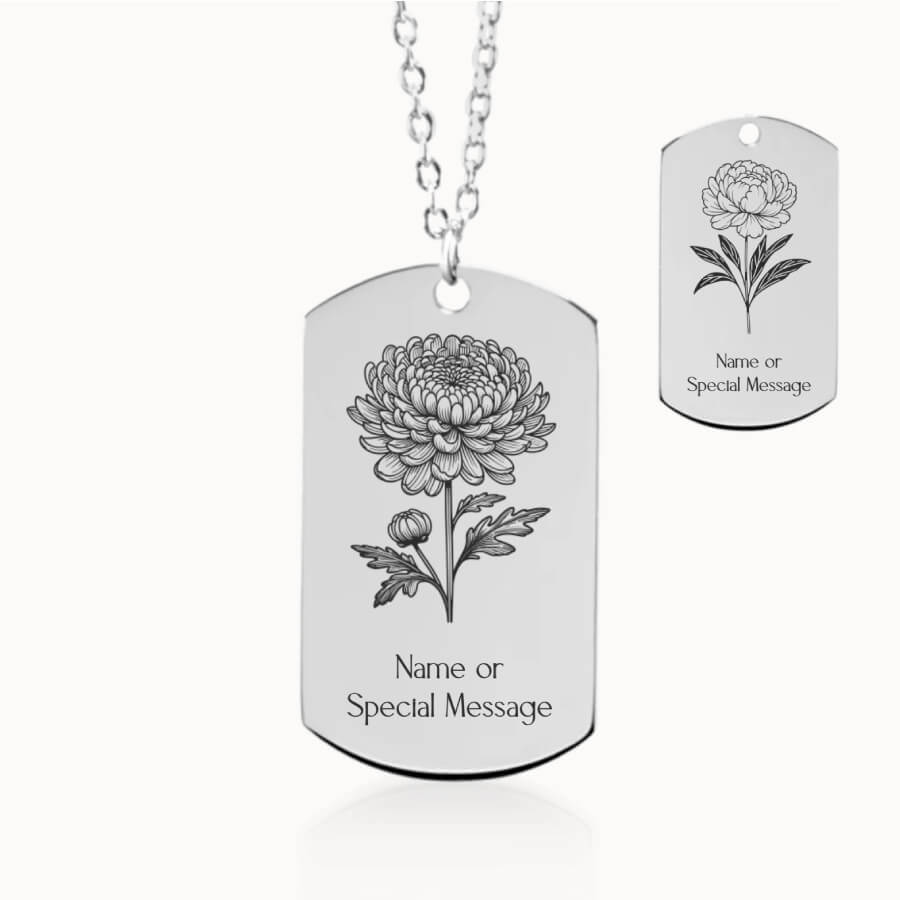 November Birth Month Flower Tag Pendant in Silver, Chrysanthemum and Peony Gift