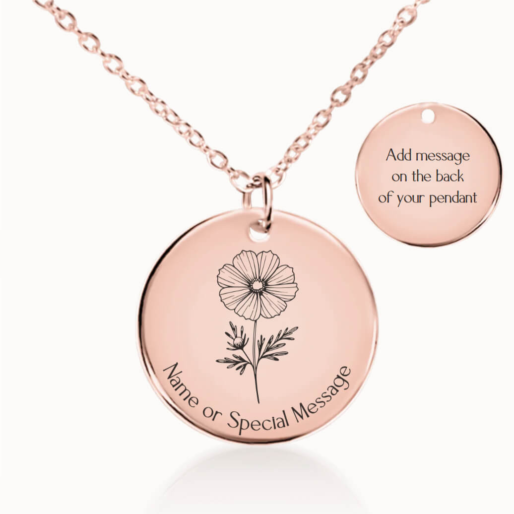 Personalized October Birth Flower Cosmos Necklace in Rose Gold, Birthday Gift for Her