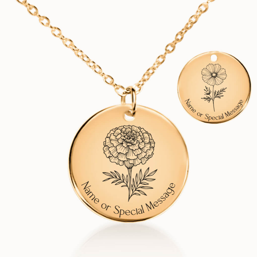 October Birth Flower Necklace, Marigold and Cosmos Pendant in Gold, Personalized Birthday Gift for Her