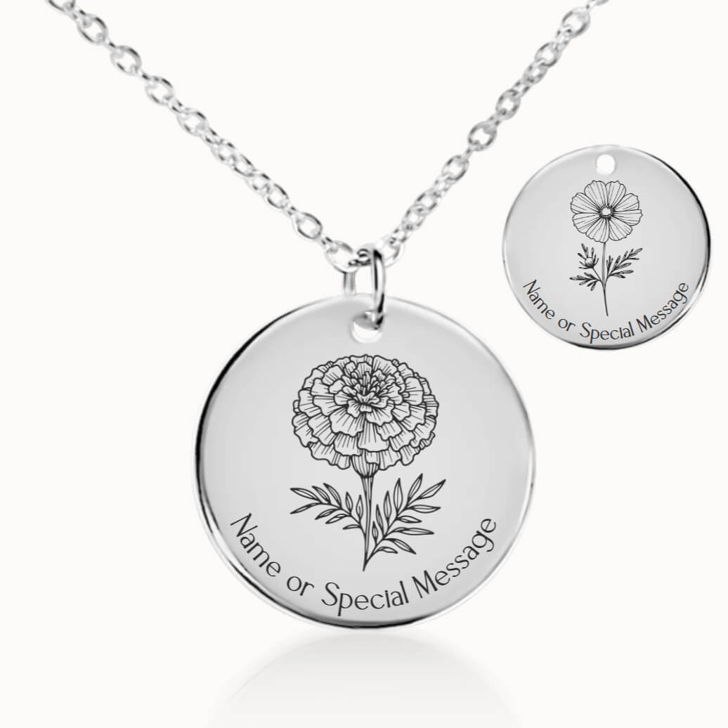 October Birth Flower Necklace, Marigold and Cosmos Pendant in Silver, Personalized Birthday Gift for Her