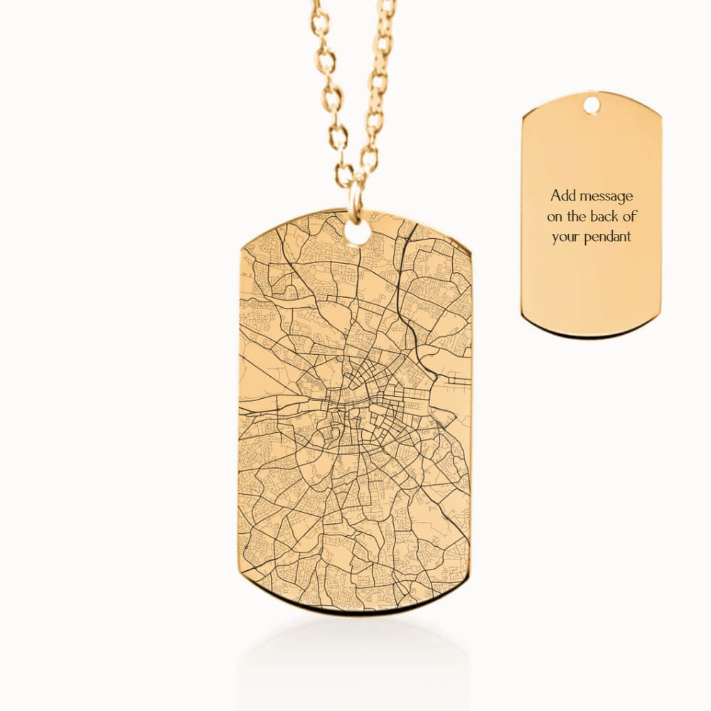 Personalized City Street Map Tag Pendant Necklace in Gold, Travel Gift