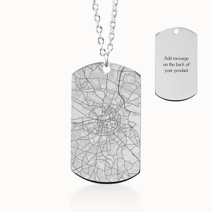 Personalized City Street Map Tag Pendant Necklace in Silver, Travel Gift