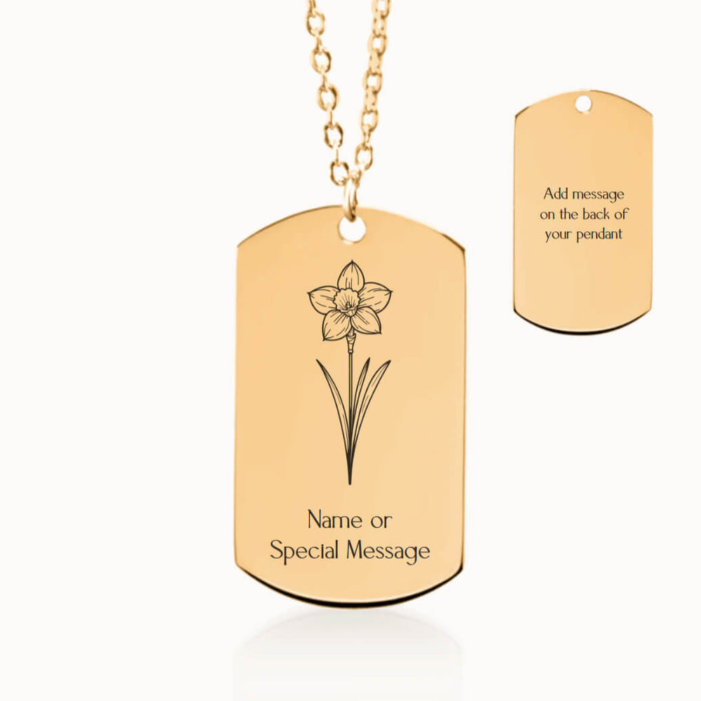 Personalized Daffodil Birth Flower Tag Pendant Necklace in Gold, March Birthday Gift for Her