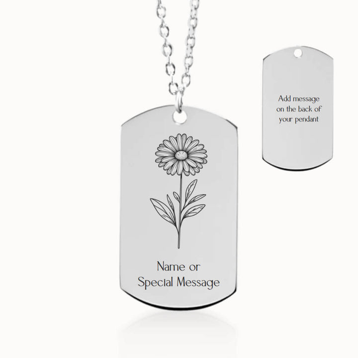 Personalized Daisy Birth Flower Tag Pendant Necklace in Silver, April Birthday Gift for Her