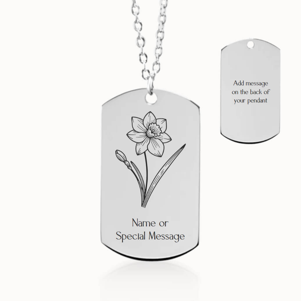 Personalized Narcissus Birth Flower Tag Pendant Necklace in Silver, December Birthday Gift for Her