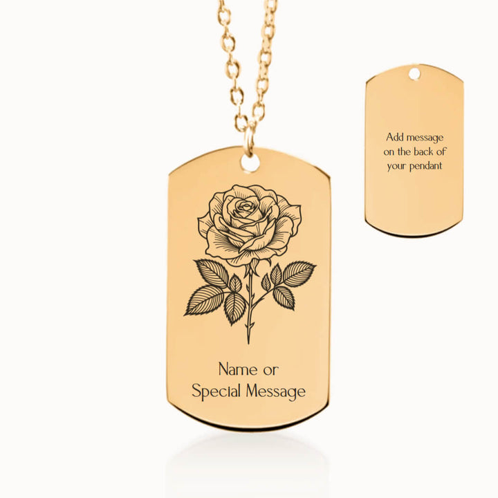 Personalized Rose Birth Flower Tag Pendant Necklace in Gold, June Birthday Gift for Her