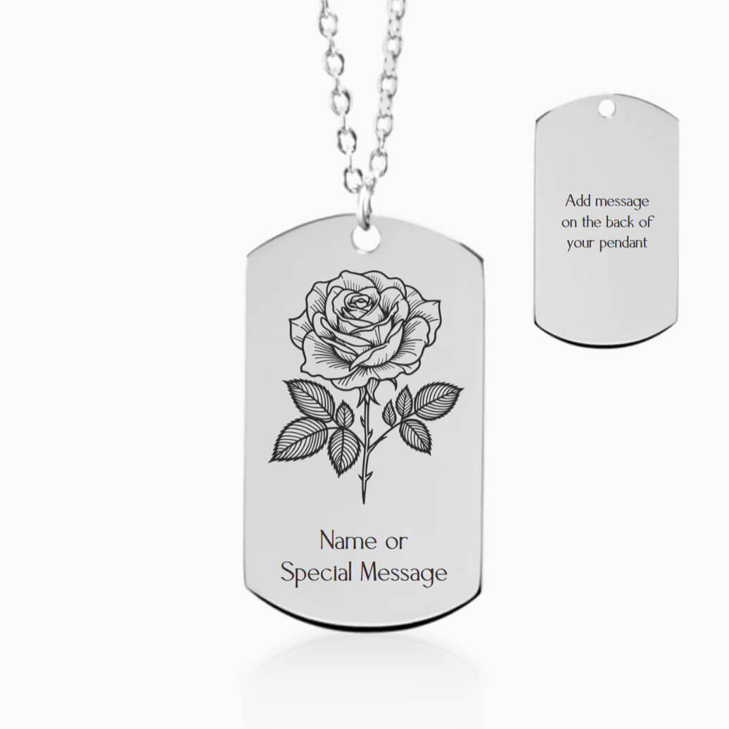 Personalized Rose Birth Flower Tag Pendant Necklace in Silver, June Birthday Gift for Her