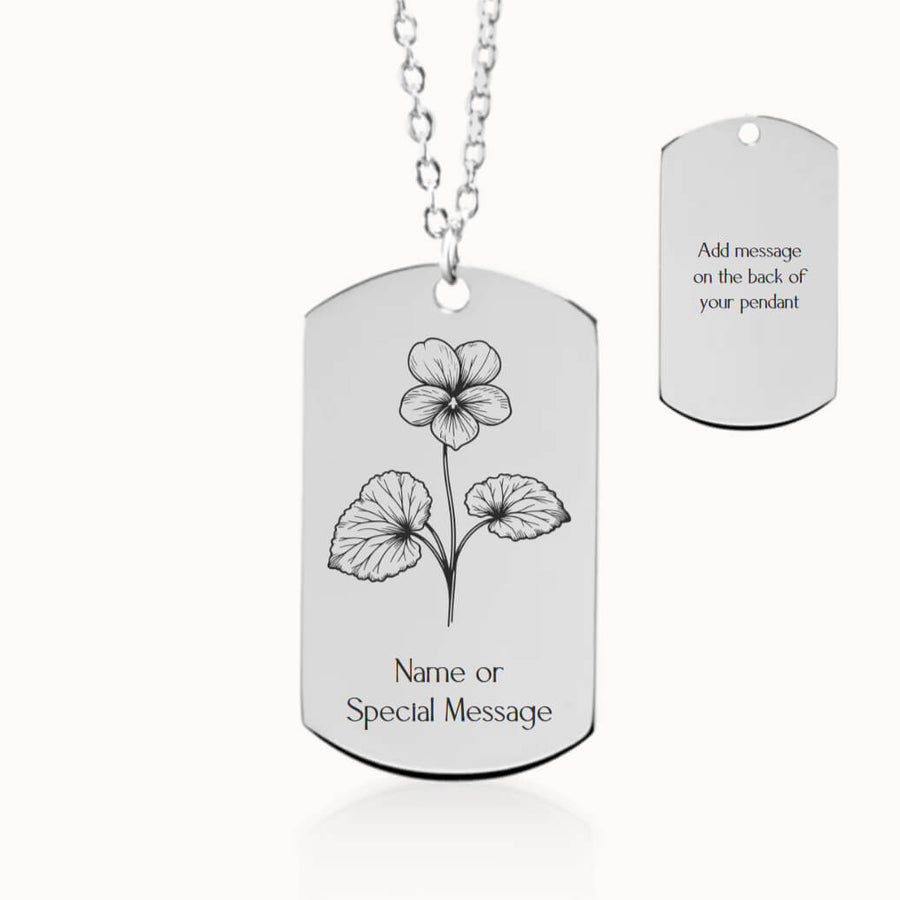 Personalized Violet Birth Flower Tag Pendant Necklace in Silver, February Birthday Gift for Her