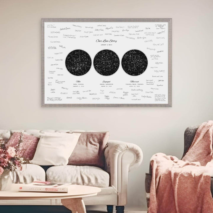 Custom Wedding Guest Book Alternative, Personalized Star Map with 3 Night Skies, Gray Beveled Frame, Styled#color-finish_gray-beveled-frame