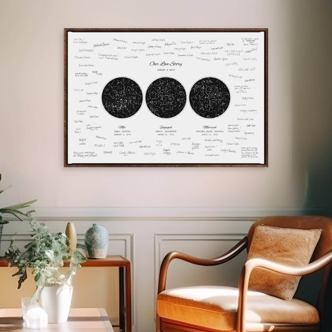 Custom Wedding Guest Book Alternative, Personalized Star Map with 3 Night Skies, Espresso Floater Frame, Styled#color-finish_espresso-floater-frame
