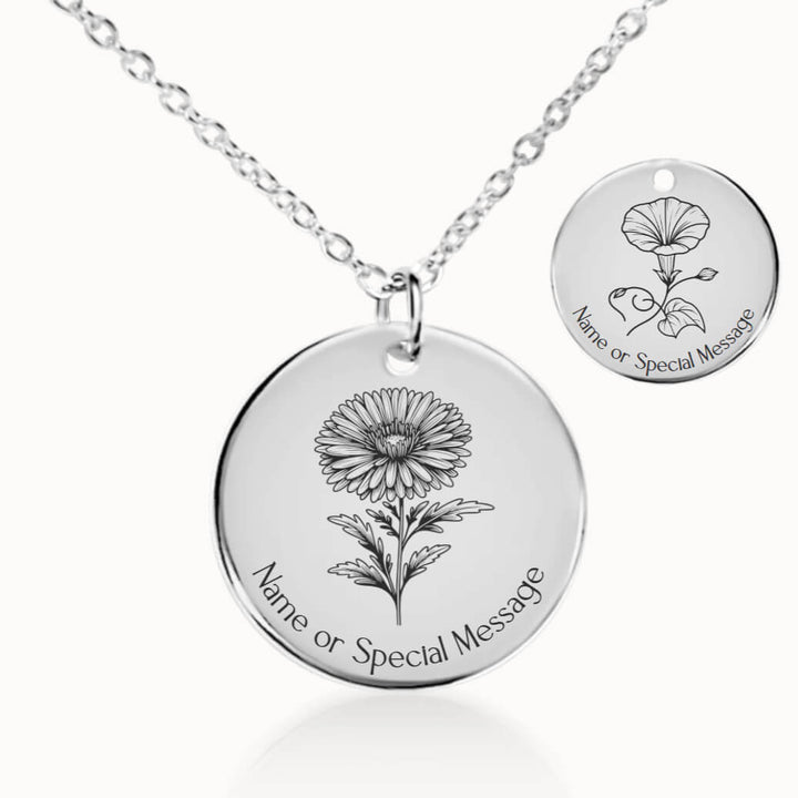 September Birth Flower Necklace, Aster and Morning Glory Pendant in Silver, Personalized Birthday Gift for Her