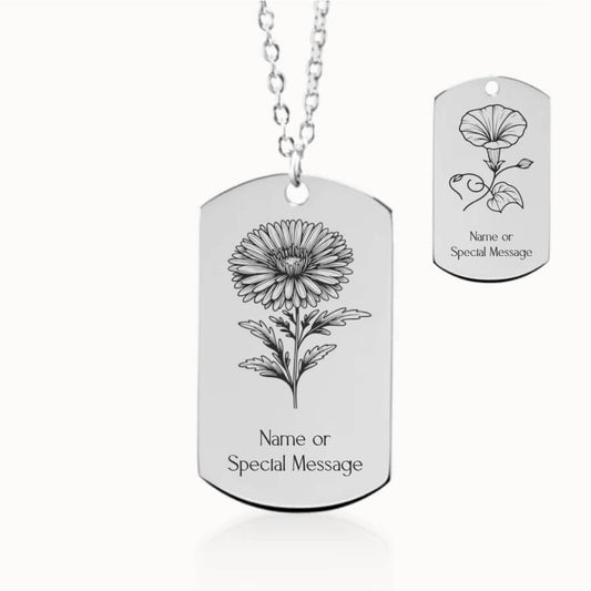 September Birth Month Flower Tag Pendant in Silver, Aster and Morning Glory Gift