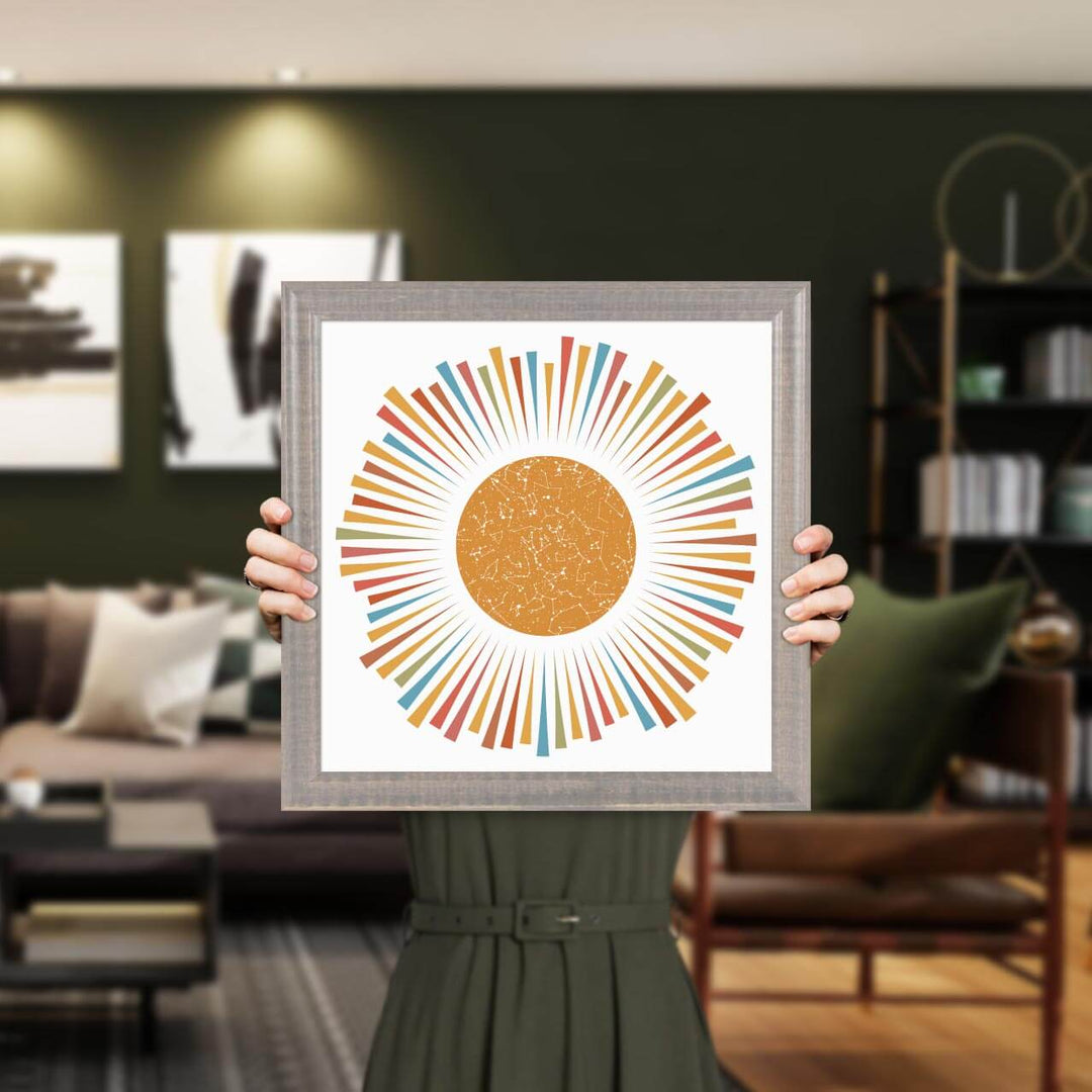 Sunburst Star Map Personalized with 1 Night Sky, Gray Beveled Frame, Styled#color-finish_gray-beveled-frame