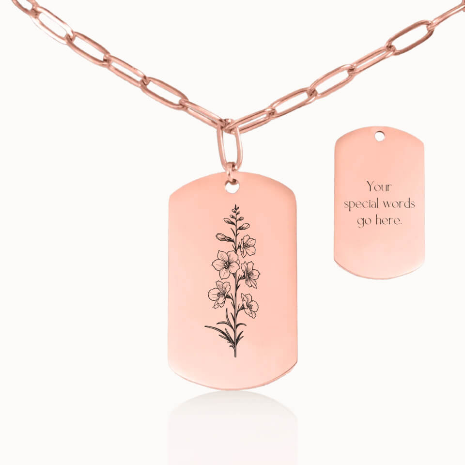 Personalized Tag Birth Flower Necklace with Paperclip Chain in Rose Gold, Personalized Necklace Gift, Designed With Meaning