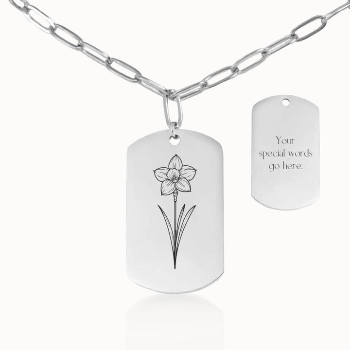 Personalized Tag Birth Flower Necklace with Paperclip Chain in Silver, Personalized Necklace Gift, Designed With Meaning