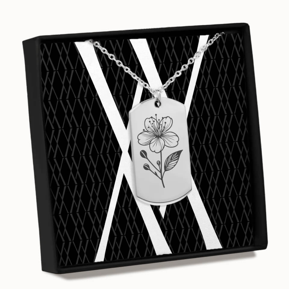 Custom Birth Flower Necklace, Personalized Gift, Silver Tag Pendant in Box