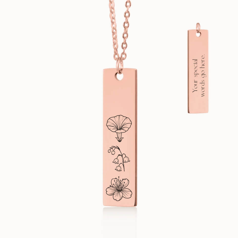 Vertical Birth Flower Garden Necklace in Rose Gold, Personalized Gift for Mom and Grandma, Designed With Meaning