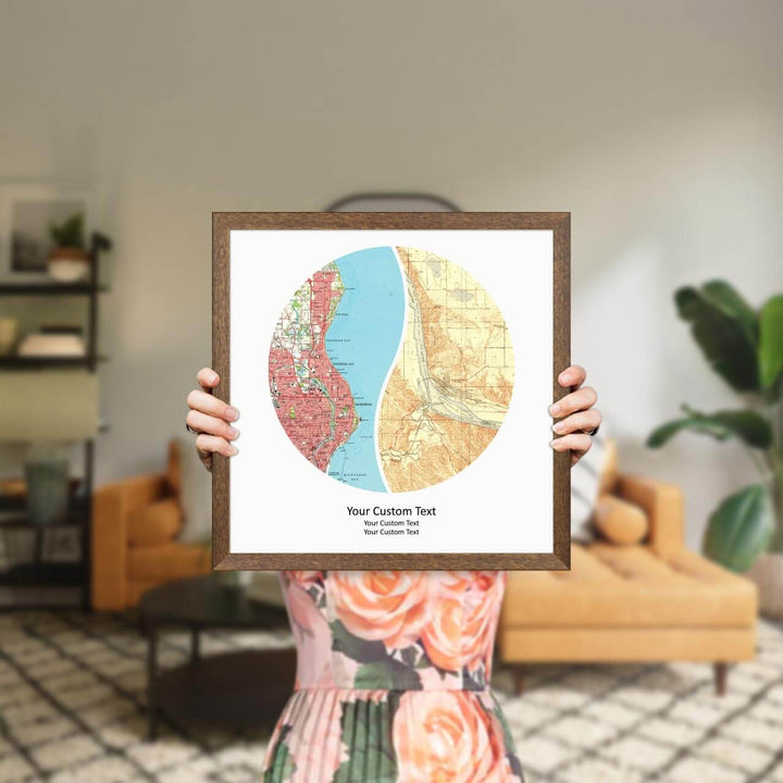 Circle Shape Atlas Art Personalized with 2 Joining Maps, Styled#color-finish_walnut-thin-frame