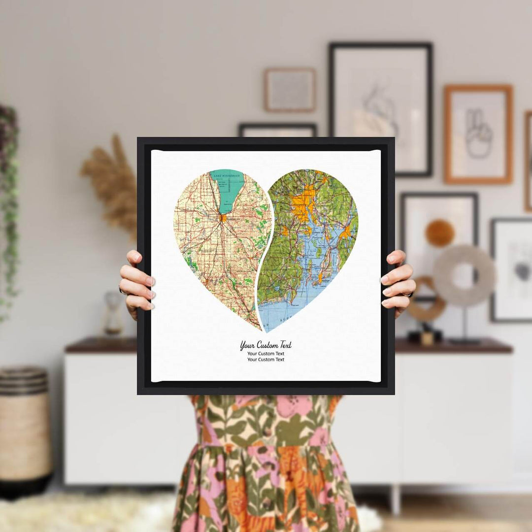 Heart Shape Atlas Art Personalized with 2 Joining Maps, Styled#color-finish_black-floater-frame