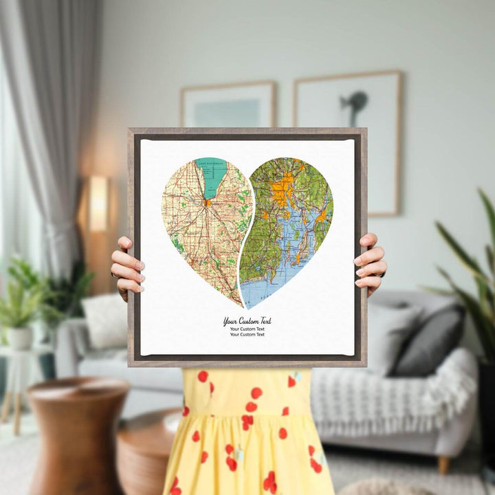 Heart Shape Atlas Art Personalized with 2 Joining Maps, Styled#color-finish_gray-floater-frame