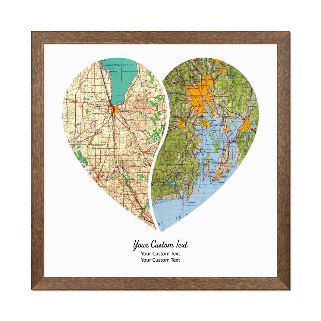 Heart Shape Atlas Art Personalized with 2 Joining Maps#color-finish_walnut-thin-frame