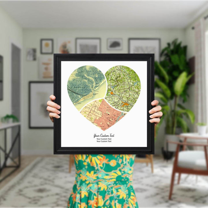 Heart Shape Atlas Art Personalized with 3 Joining Maps, Styled#color-finish_black-beveled-frame