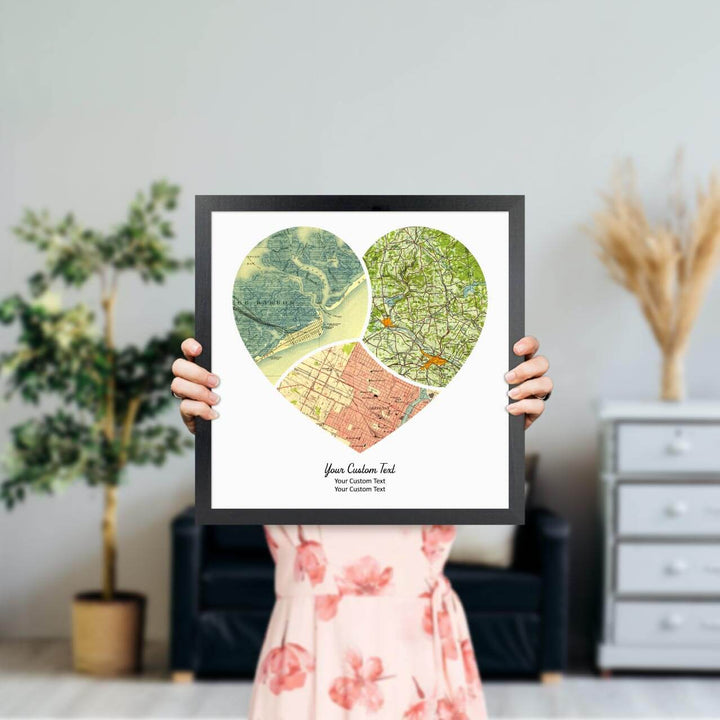 Heart Shape Atlas Art Personalized with 3 Joining Maps, Styled#color-finish_black-thin-frame