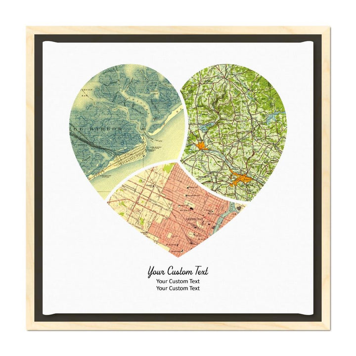 Heart Shape Atlas Art Personalized with 3 Joining Maps#color-finish_light-wood-floater-frame