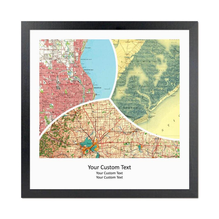 Rectangle Shape Atlas Art Personalized with 3 Joining Maps#color-finish_black-thin-frame